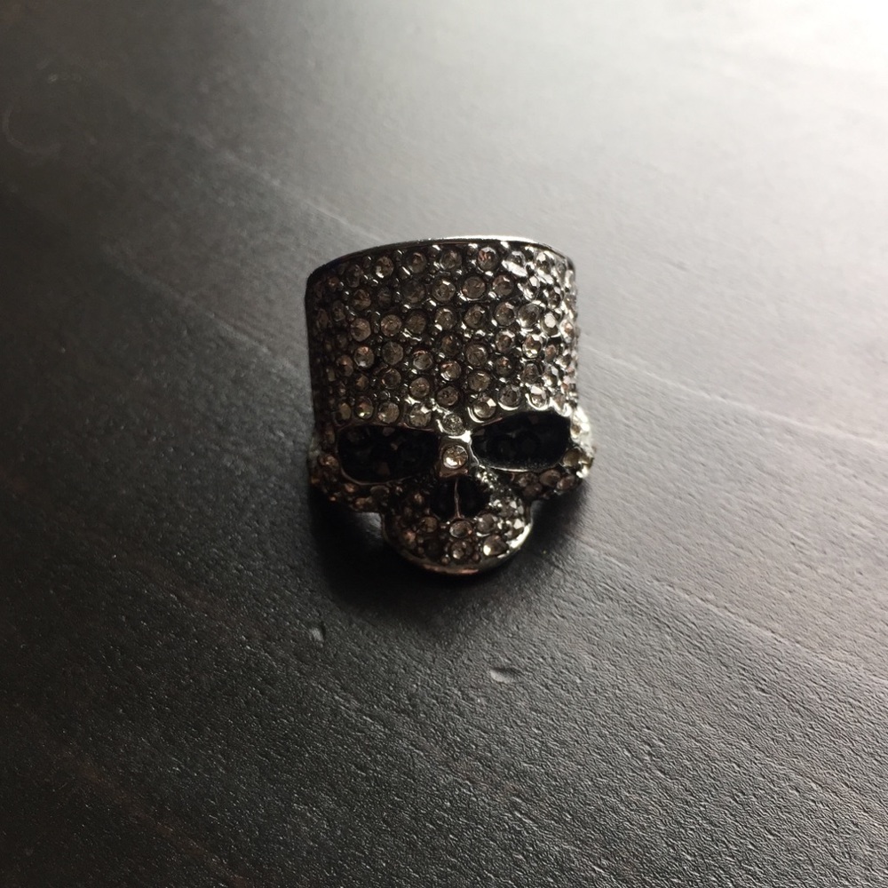 Dark Black Crystal Skull Ring Size 6